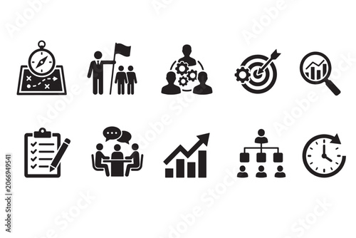 Business planning strategy management productivity icon set with business planning strategy