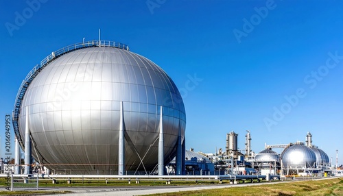Large Spherical Gas Holder and Industrial Plant Under a Clear Blue Sky, Modern Energy Infrastructure for Fuel Storage and Distribution, Daytime Exterior Shot