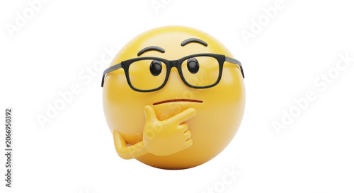 Fotografia Cartoon thinking emoji character with glasses on transparent white background is