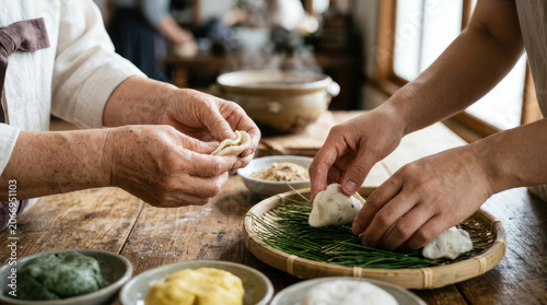 People preparing traditional Korean food dumplings at a table.