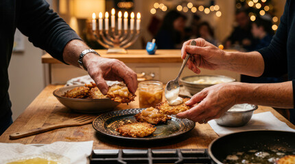 People serving latkes during Hanukkah celebration with menorah lit.
