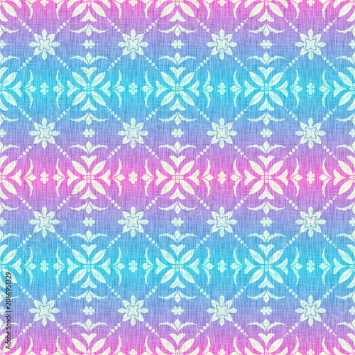 Vibrant Pastel Ombre Damask Seamless Pattern with Linen Fabric Texture and White Floral Geometric Tile Ornaments for Summer Fashion Textile Design
