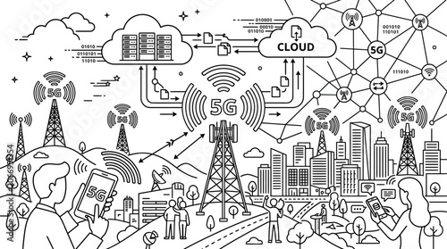 Fotografie People in Smart City Engaging with 5G Technology, surrounded by network towers and cloud data, illustrating urban connectivity and digital lifestyle