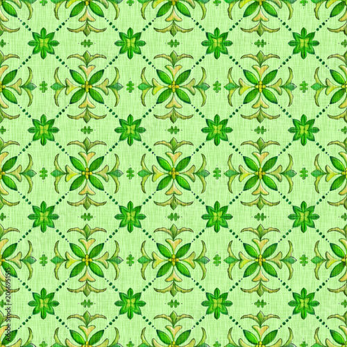 Green Damask Seamless Pattern with Linen Fabric Texture and Classic Geometric Floral Tile Ornaments for Spring Summer Fashion Textile and Wallpaper Design