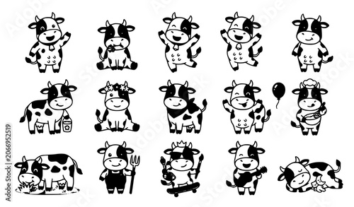 Tableau sur toile Cute Cartoon Cow Character Pose Collection with Funny Farm Animal Expressions an