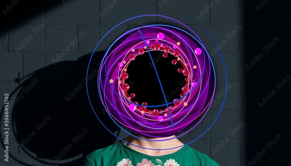Fototapeta premium Digital Abstract Human Head with Neon Rings and Glowing Orbs on Brick Wall