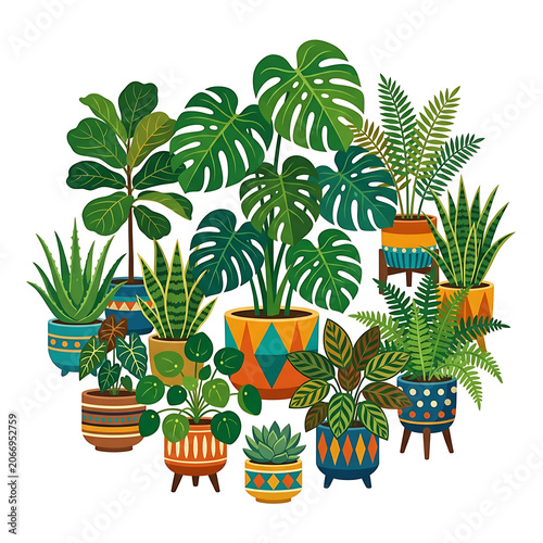 Colorful tropical plants in decorative pots arrangement.