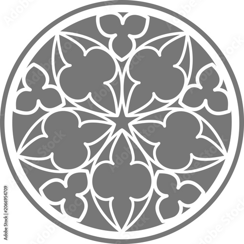Gothic style circular rosette with radial ornament. Vintage architectural element for cathedral decoration and design projects.