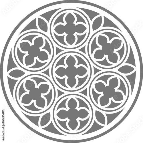 Circular radial Gothic rosette with ornamental detail. Vintage architectural element for cathedral decor and fantasy design.