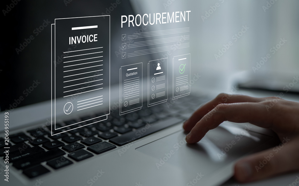 Obraz premium A close-up image of a laptop screen displaying digital procurement documents, including an invoice and quotation checklist, symbolizing modern business processes and efficiency. Cyphers