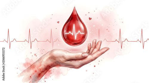 Blood Donation and Healthcare Concept with Red Blood Drop Above Open Hand