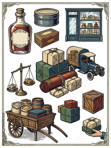 Collection of vintage kitchen and dining accessories on wooden table.