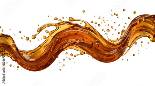Dynamic splash of amber liquid, tea, oil, or whiskey isolated on transparent background
