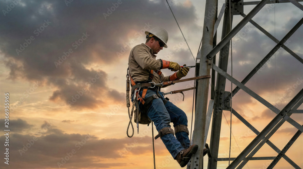 Fototapeta premium Power line technician working on electrical pylon at sunset.