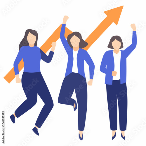 Three People Running Towards An Upward Pointing Arrow Vector Illustration
