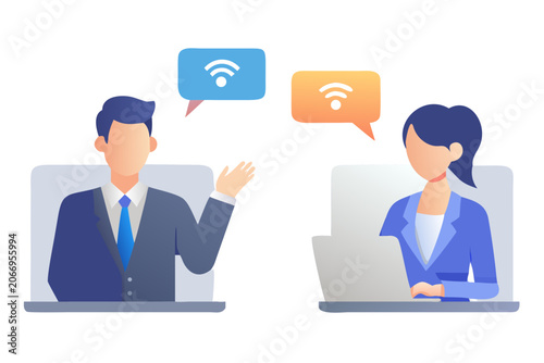 Remote communication illustration with laptop computers and wifi signal icons