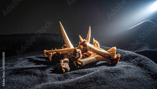 Pile of Cooked Animal Bones with Gnaw Marks on Black Fabric Background, Dramatic Lighting, Macro Close-Up Studio Shot