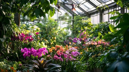 A peaceful greenhouse filled with vibrant plants and birds overhead