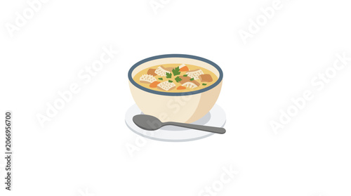 Fotografie Hearty Chicken Noodle Soup Bowl with Spoon, Comfort Food Illustration