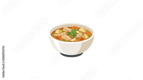 Foto Hearty Chicken Noodle Soup in White Bowl, Comfort Food, Isolated
