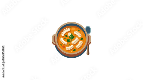 Fotografie Hearty Dumpling Soup Bowl with Spoon, Comfort Food Illustration