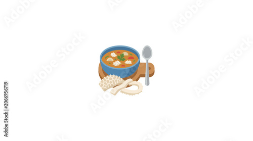 Foto Hearty Soup Bowl with Crispy Snacks and Spoon, Comfort Food Illustration