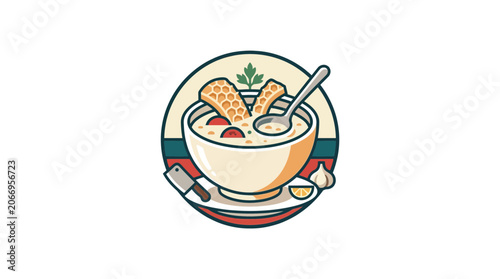 Foto Hearty Soup Bowl with Bread, Garlic, and Parsley - Comfort Food Illustration