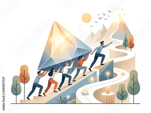 Business team climbing success mountain with coins.