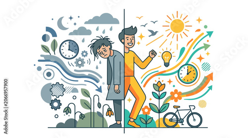 Illustration of two men standing back to back surrounded by various icons and symbols in a colorful and creative composition with a mix of abstract and realistic elements.