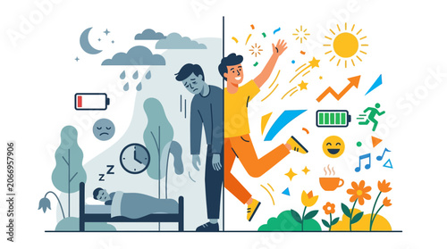 Illustration of a man stepping through a doorway into a vibrant, sunny environment filled with colorful symbols and flowers.