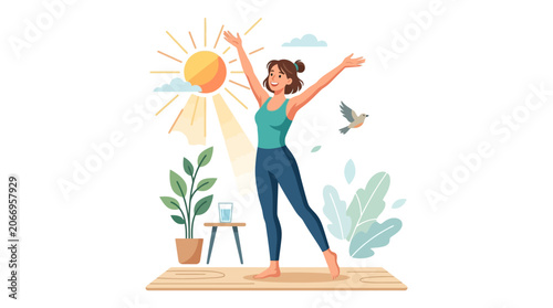 Illustration of a woman practicing yoga outdoors with her arms outstretched, surrounded by plants and a sunny sky with birds flying by.