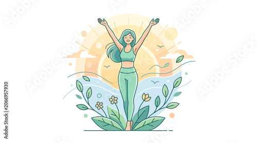 A cheerful woman in green activewear stretching with dumbbells in a sunny outdoor setting with flowers and a vibrant color palette.