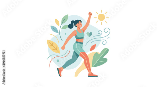 Illustration of a woman in green activewear running with colorful leaves and a sun in a vibrant, whimsical setting.