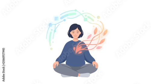 Illustration of a serene woman meditating in lotus position with colorful leaves and swirling lines around her on a white background.