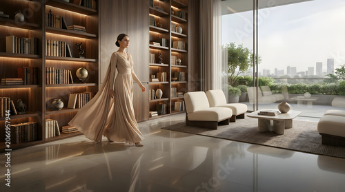 Elegant Woman Walking Through Luxury Living Room with Floor-to-Ceiling Bookshelves and City View