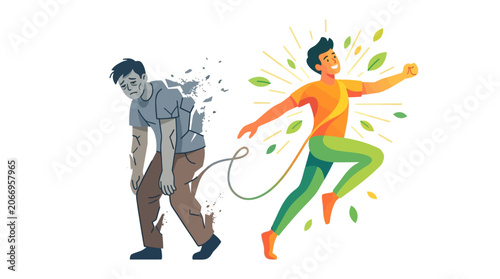 Illustration of a man jumping freely while another man tied to him looks on with a plain white background and a mix of grey, orange, green hues.