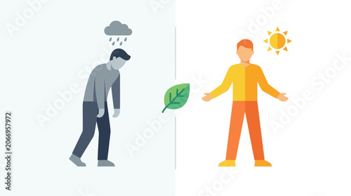Two men standing men with expressive emotion and colorful flat vector graphics on white background in a simple office setting.