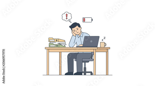 Illustration of a bored businessman sitting at a desk with a laptop and papers, looking stressed in a minimalist office setting with a white background.