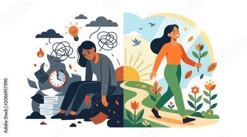 Illustration of a man sitting stressed with thought bubbles, while a woman walks towards a sunny future with flowers, conveying a contrast between anxiety and hope.