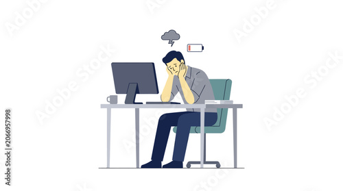 A stressed businessman sits at a desk with his head in his hands, in front of a computer monitor, conveying a frustrated mood with a simple flat illustration style on a white background.
