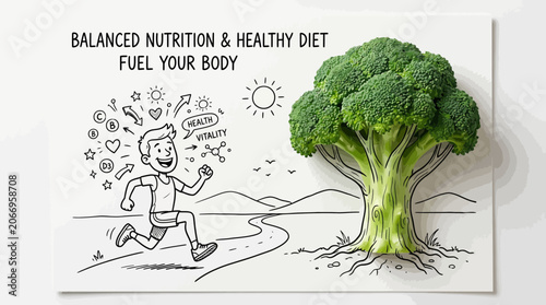 Healthy Nutrition Concept with Broccoli and Wellness Illustration