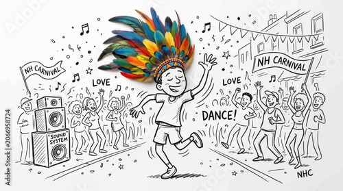 Notting Hill Carnival Street Dance Illustration with Feather Headdress Concept