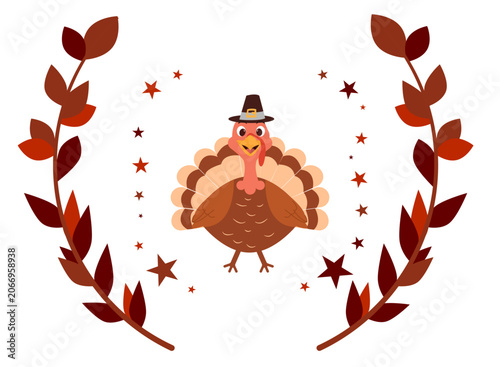 Thanksgiving Day. Turkey on a pilgrim's perch on a white background, vector illustration, cartoon