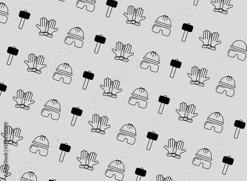 Industrial Safety Equipment Seamless Pattern with Hard Hats, Gloves and Hammers Vector Background