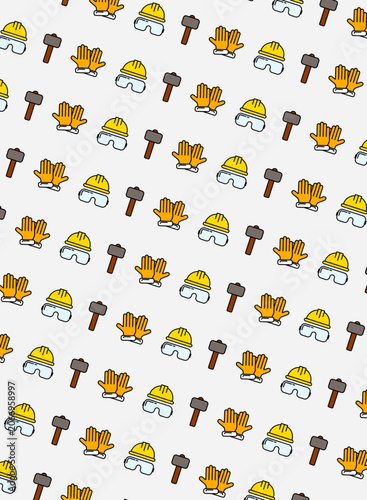 Industrial Safety Equipment Seamless Pattern with Hard Hats, Gloves and Hammers Vector Background
