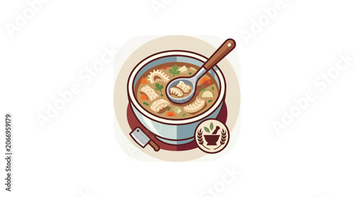 Obraz na plátně Hearty Stew Bowl with Spoon and Butcher Knife, Comfort Food Illustration