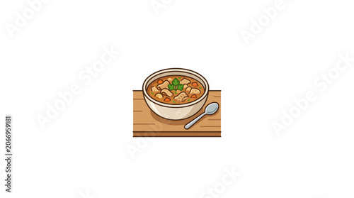 Foto Hearty Stew Bowl with Spoon on Wooden Board, Comfort Food Illustration