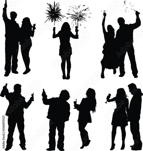 Set of black silhouette vector graphic illustrations depicting happy people celebrating festive occasions with fireworks champagne glasses and wine bottles