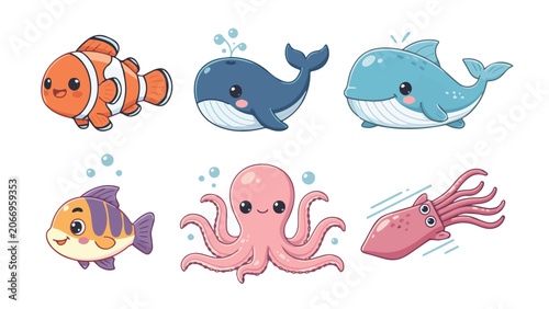 Colorful Marine Life Illustration Featuring Fish and Octopus.