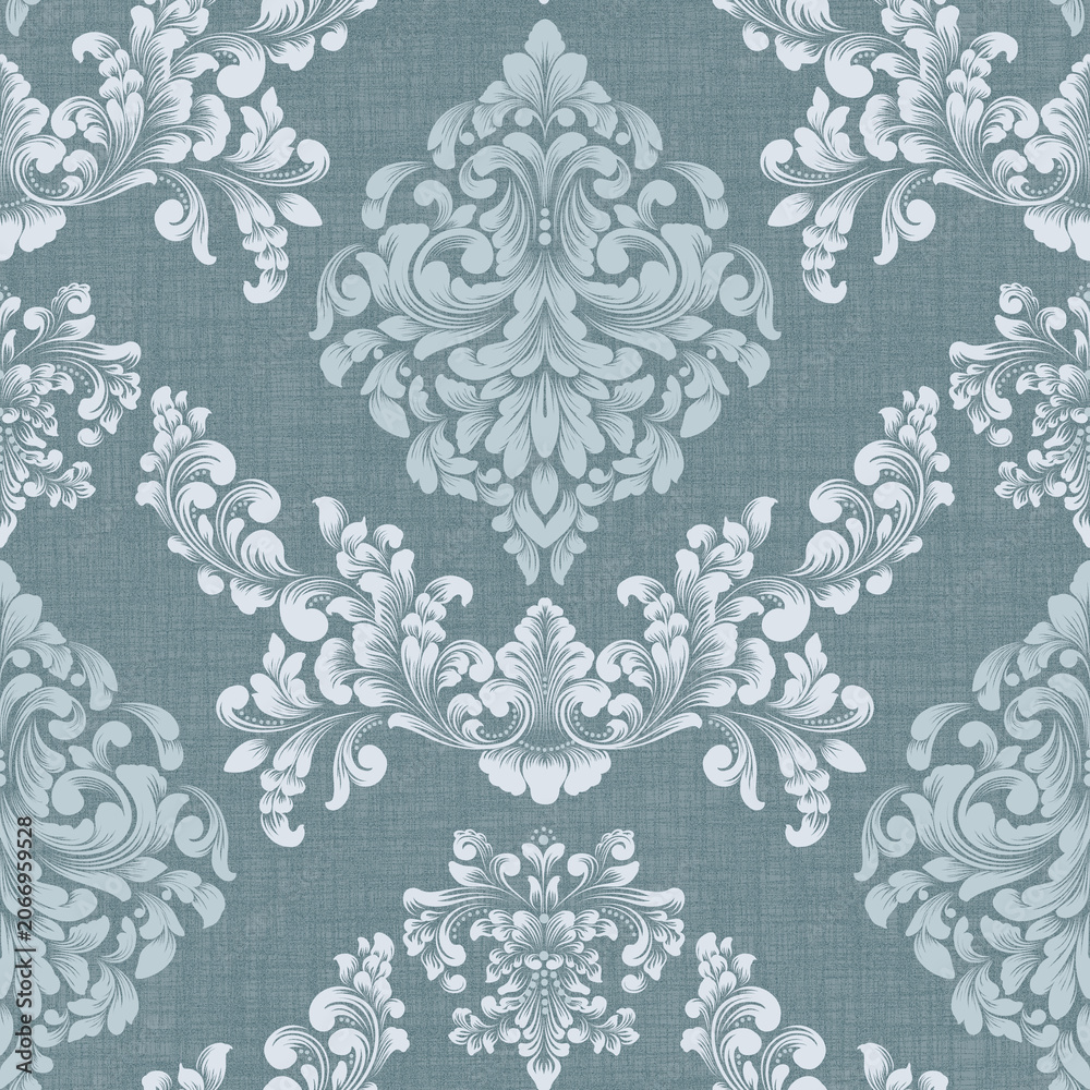 Obraz premium Pale Blue Damask Medallion Pattern on Deep Teal Linen Texture